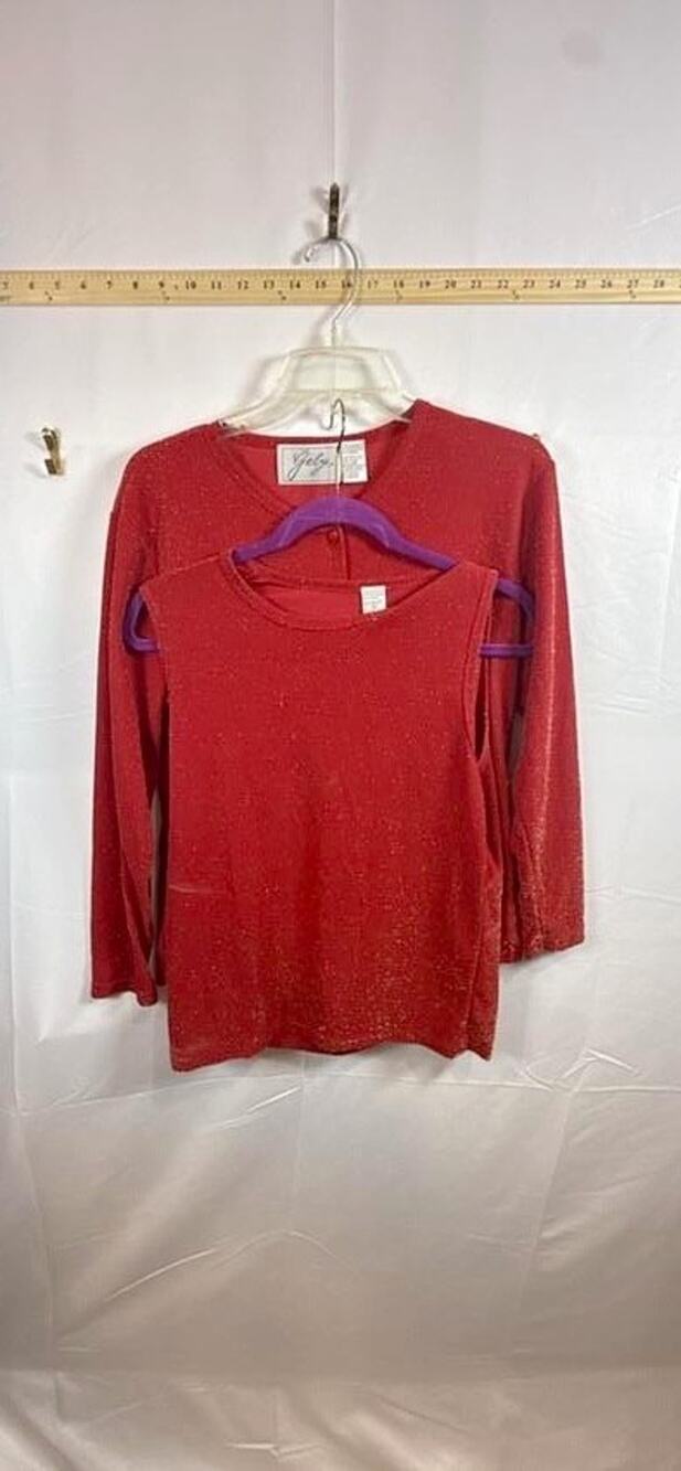Gaby Vintage 2pc Knit Sweater Set Women Large Red Metallic Shimmer Cardigan Tank